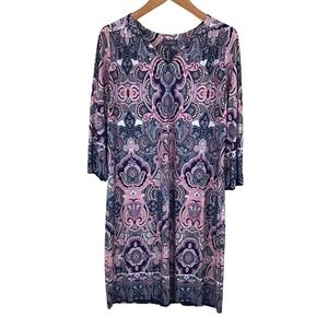 Luxology Paisley Print 3/4 Sleeve V Neck Dress Women's Size L Navy Pink